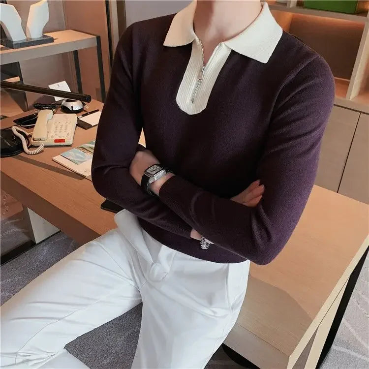 Knitwear Collared Long Sleeve Men's Knit Sweater Contrasting Colors Pullovers Male Casual Y2k Streetwear Designer High Quality