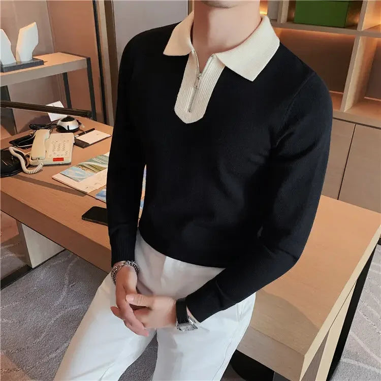 Knitwear Collared Long Sleeve Men's Knit Sweater Contrasting Colors Pullovers Male Casual Y2k Streetwear Designer High Quality