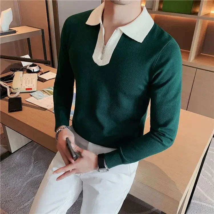 Knitwear Collared Long Sleeve Men's Knit Sweater Contrasting Colors Pullovers Male Casual Y2k Streetwear Designer High Quality