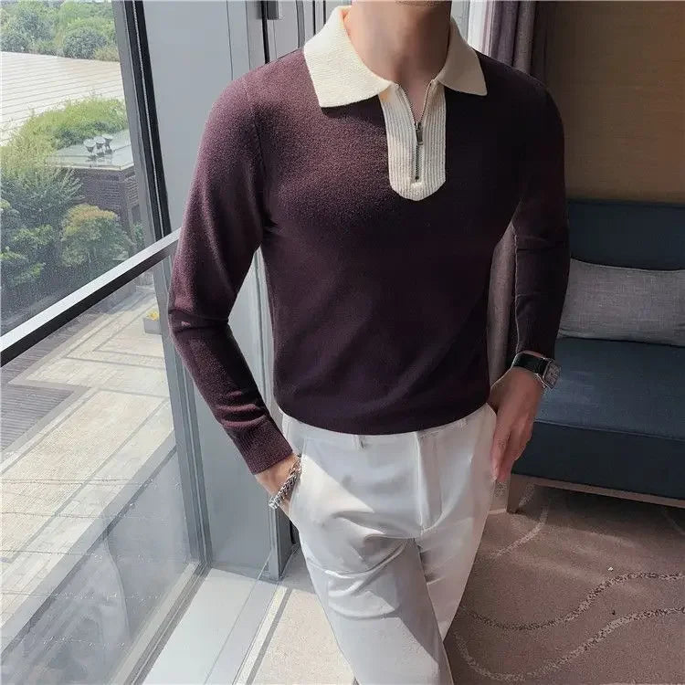 Knitwear Collared Long Sleeve Men's Knit Sweater Contrasting Colors Pullovers Male Casual Y2k Streetwear Designer High Quality
