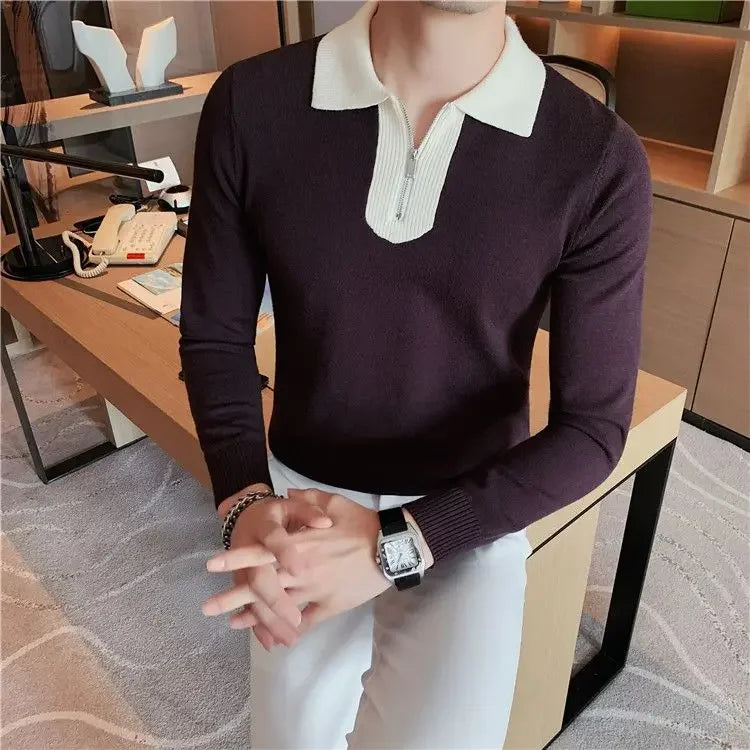 Knitwear Collared Long Sleeve Men's Knit Sweater Contrasting Colors Pullovers Male Casual Y2k Streetwear Designer High Quality