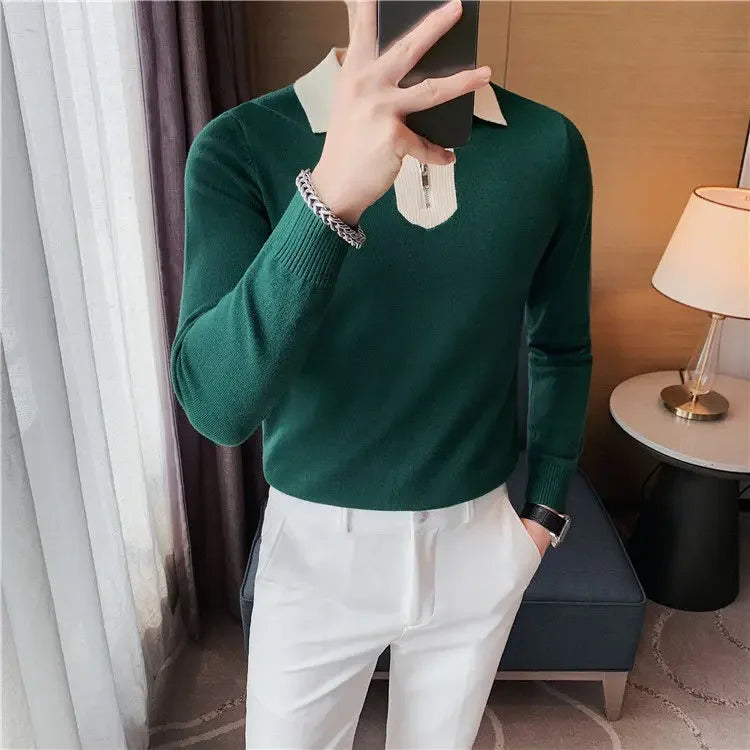 Knitwear Collared Long Sleeve Men's Knit Sweater Contrasting Colors Pullovers Male Casual Y2k Streetwear Designer High Quality