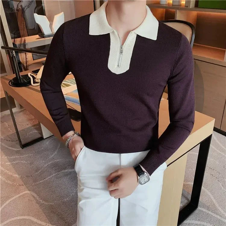 Knitwear Collared Long Sleeve Men's Knit Sweater Contrasting Colors Pullovers Male Casual Y2k Streetwear Designer High Quality