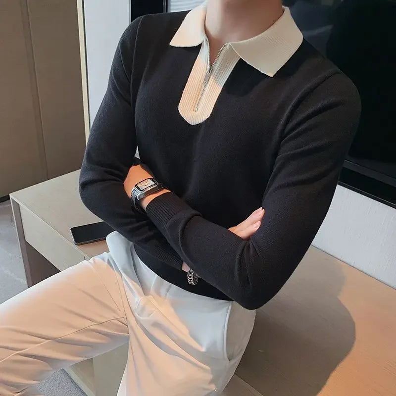 Knitwear Collared Long Sleeve Men's Knit Sweater Contrasting Colors Pullovers Male Casual Y2k Streetwear Designer High Quality
