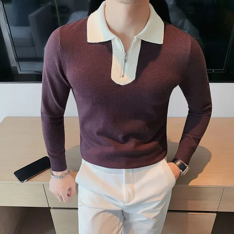Knitwear Collared Long Sleeve Men's Knit Sweater Contrasting Colors Pullovers Male Casual Y2k Streetwear Designer High Quality