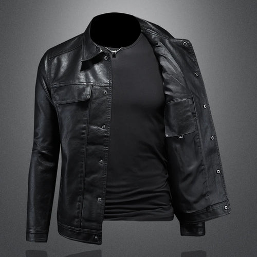 2024 Autumn and Winter New Men's Fashion Handsome with Solid Color Boutique Lapel Motorcycle Leather Coat Slim Fashion  M-5XL