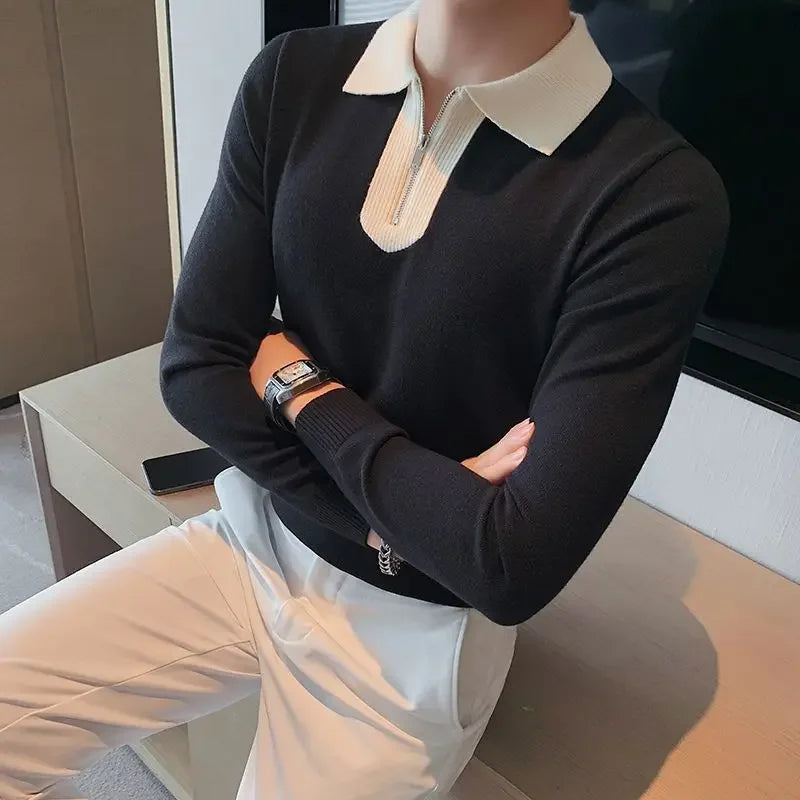 Knitwear Collared Long Sleeve Men's Knit Sweater Contrasting Colors Pullovers Male Casual Y2k Streetwear Designer High Quality