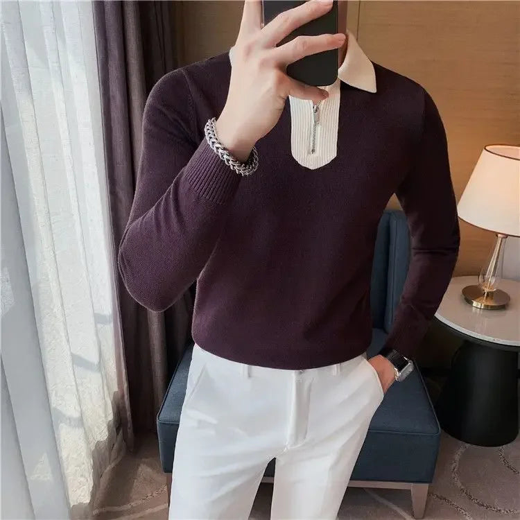 Knitwear Collared Long Sleeve Men's Knit Sweater Contrasting Colors Pullovers Male Casual Y2k Streetwear Designer High Quality