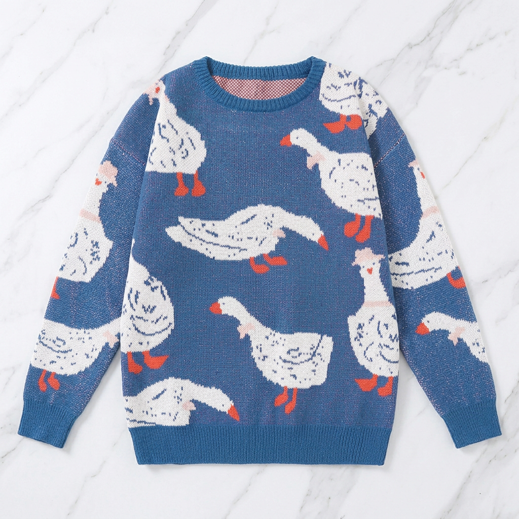 Men's Casual Sweater with Duck Print, Color-Blocking Design, Soft Knit Long-Sleeve Crew Neck Pullover. Casual Crew Neck Knit Pullover for Men, Suitable for Everyday Wear, Unisex Top for Going Out