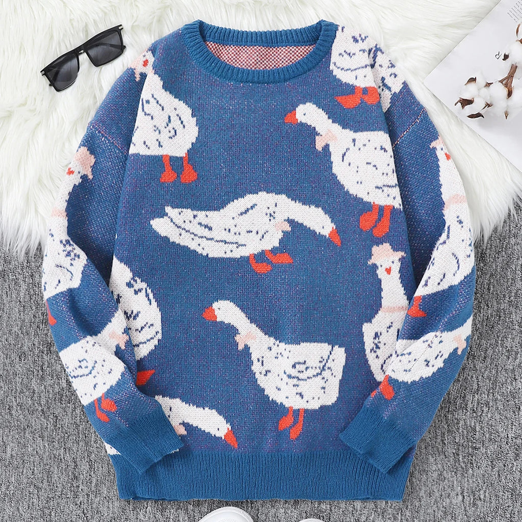 Men's Casual Sweater with Duck Print, Color-Blocking Design, Soft Knit Long-Sleeve Crew Neck Pullover. Casual Crew Neck Knit Pullover for Men, Suitable for Everyday Wear, Unisex Top for Going Out