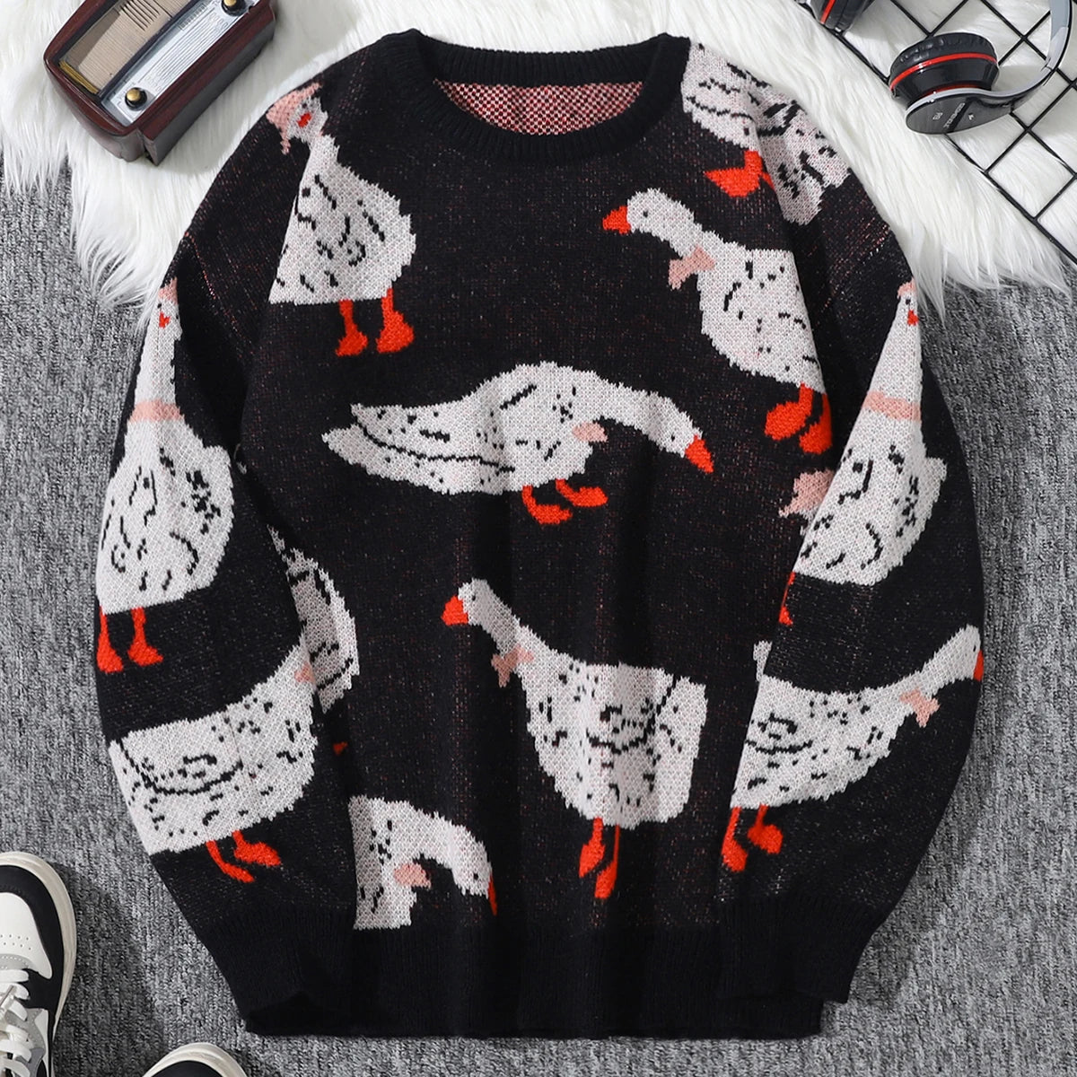 Men's Casual Sweater with Duck Print, Color-Blocking Design, Soft Knit Long-Sleeve Crew Neck Pullover. Casual Crew Neck Knit Pullover for Men, Suitable for Everyday Wear, Unisex Top for Going Out