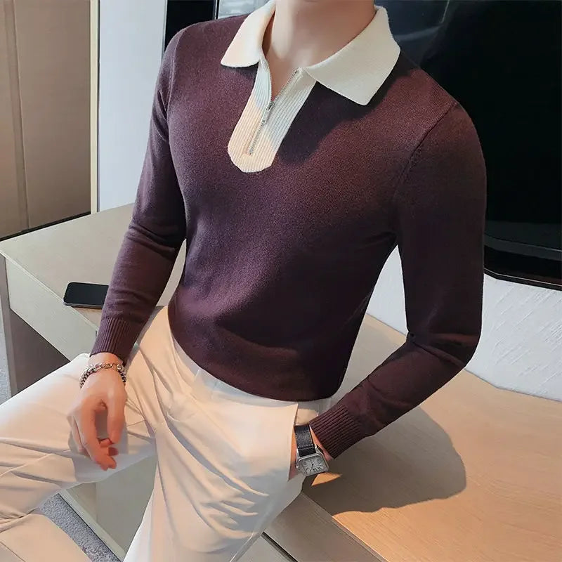 Knitwear Collared Long Sleeve Men's Knit Sweater Contrasting Colors Pullovers Male Casual Y2k Streetwear Designer High Quality