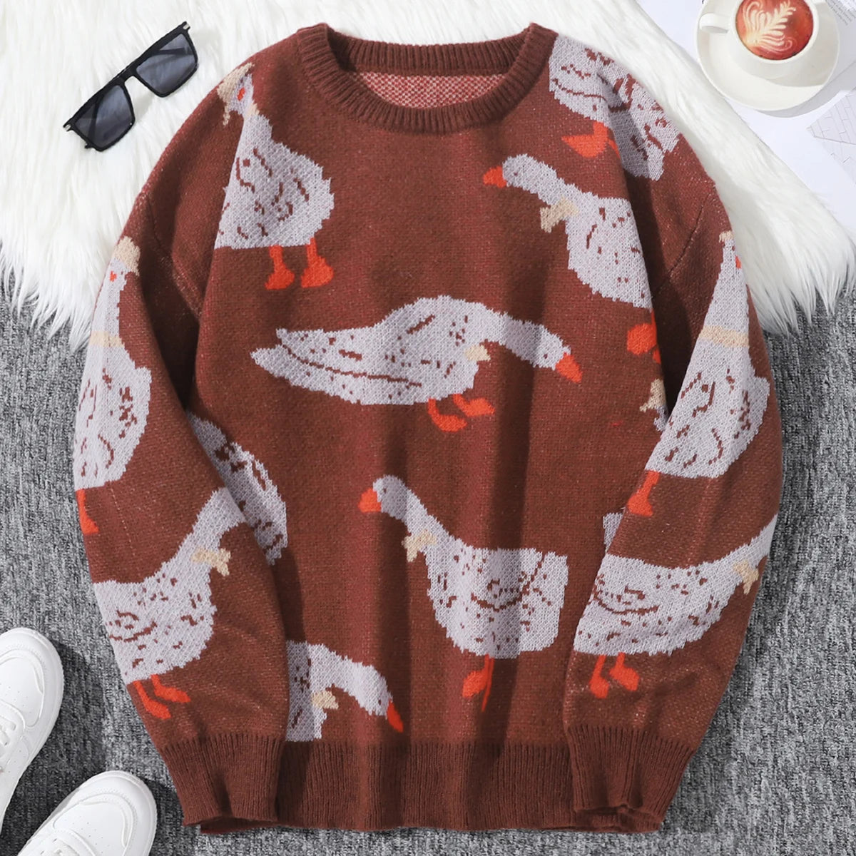 Men's Casual Sweater with Duck Print, Color-Blocking Design, Soft Knit Long-Sleeve Crew Neck Pullover. Casual Crew Neck Knit Pullover for Men, Suitable for Everyday Wear, Unisex Top for Going Out