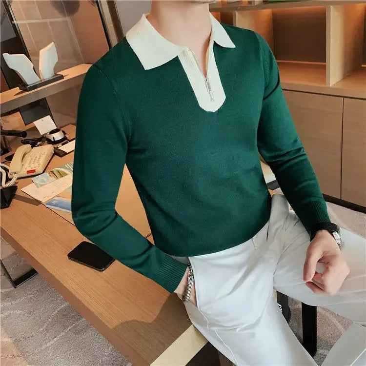 Knitwear Collared Long Sleeve Men's Knit Sweater Contrasting Colors Pullovers Male Casual Y2k Streetwear Designer High Quality