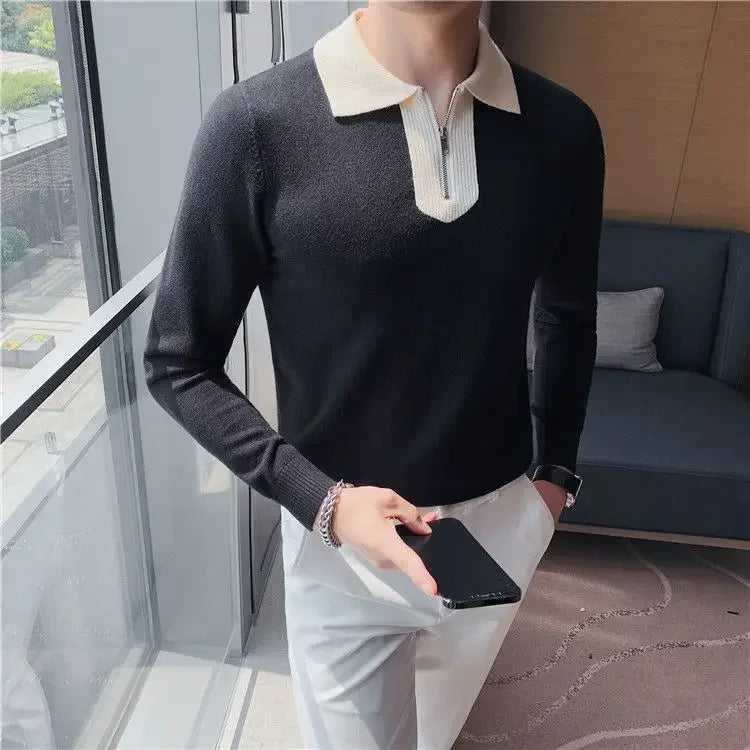 Knitwear Collared Long Sleeve Men's Knit Sweater Contrasting Colors Pullovers Male Casual Y2k Streetwear Designer High Quality