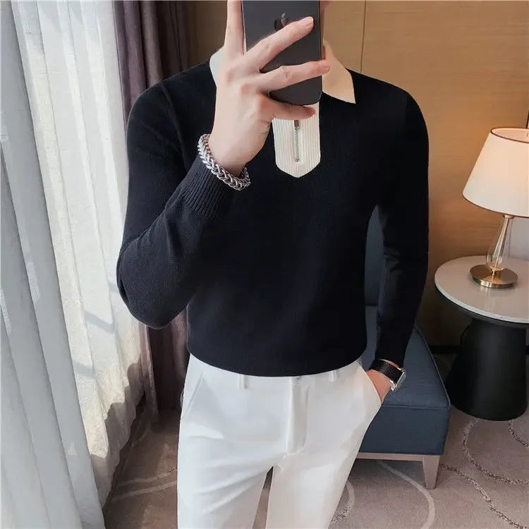Knitwear Collared Long Sleeve Men's Knit Sweater Contrasting Colors Pullovers Male Casual Y2k Streetwear Designer High Quality