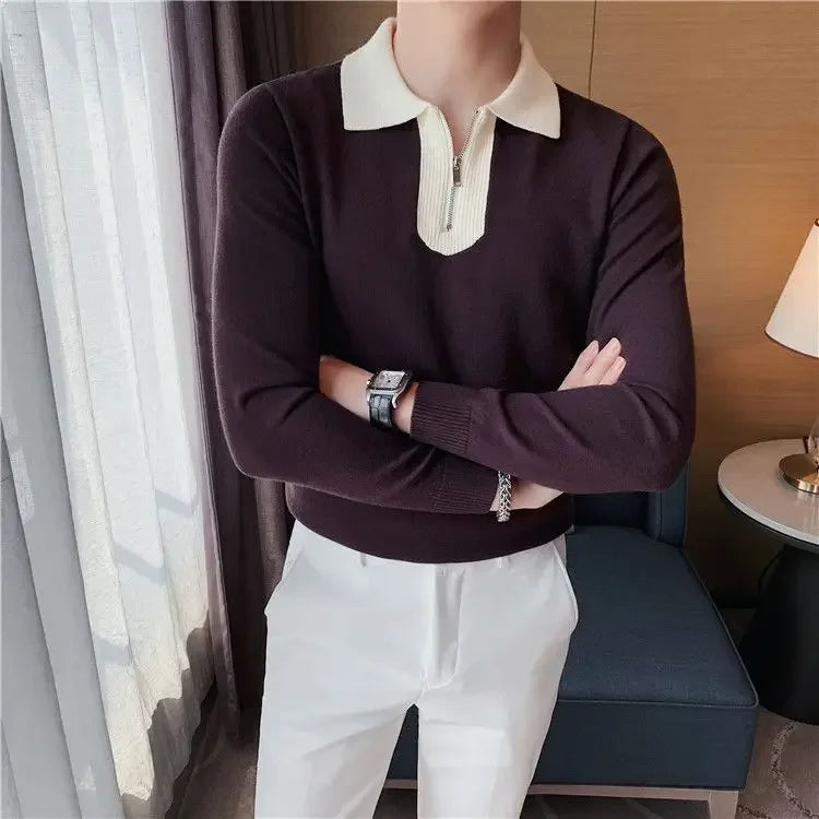Knitwear Collared Long Sleeve Men's Knit Sweater Contrasting Colors Pullovers Male Casual Y2k Streetwear Designer High Quality
