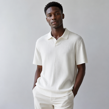 Polo clair à texture côtelée verticale et manches courtes, porté avec un pantalon clair.